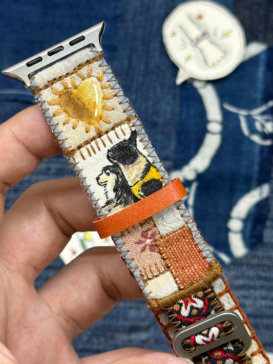 Custom Hand-Embroidered Pet Portrait Apple Watch Band | Vintage Patchwork Fabric Watch Strap with Personalized Dog Art