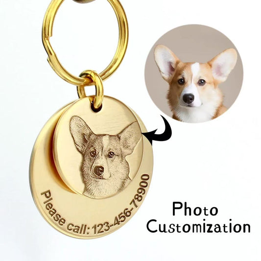 Custom Engraved Brass Pet Tag: Your Pet’s Photo + Contact Info