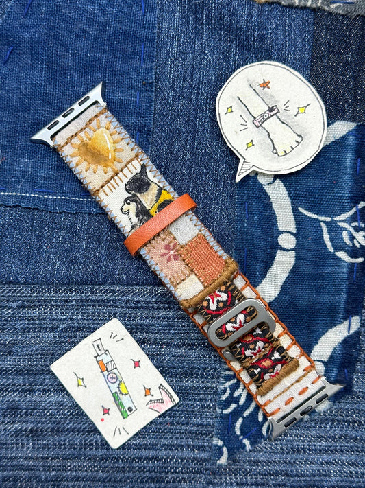 Custom Hand-Embroidered Pet Portrait Apple Watch Band | Vintage Patchwork Fabric Watch Strap with Personalized Dog Art